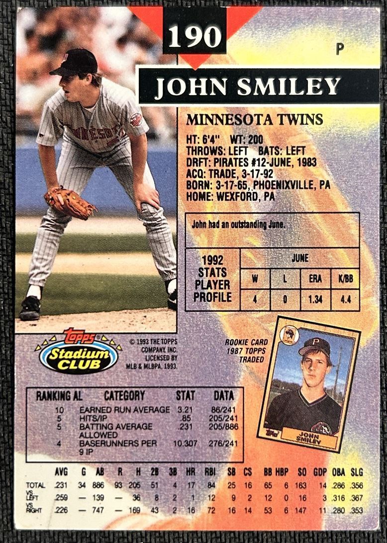 1993 Topps Stadium Club John Smiley Minnesota Twins #190