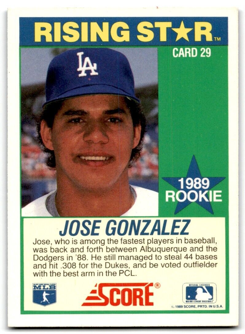 1989 Score Hottest 100 Rising Stars Jose Gonzalez Los Angeles Dodgers #29