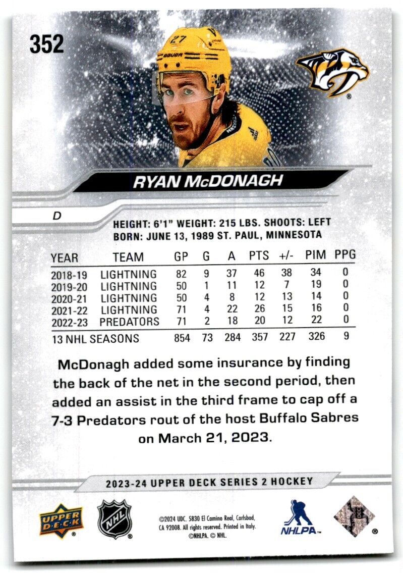 2023-24 Upper Deck Ryan McDonagh Nashville Predators #352