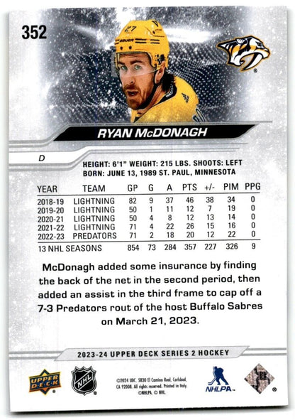 2023-24 Upper Deck Ryan McDonagh Nashville Predators #352