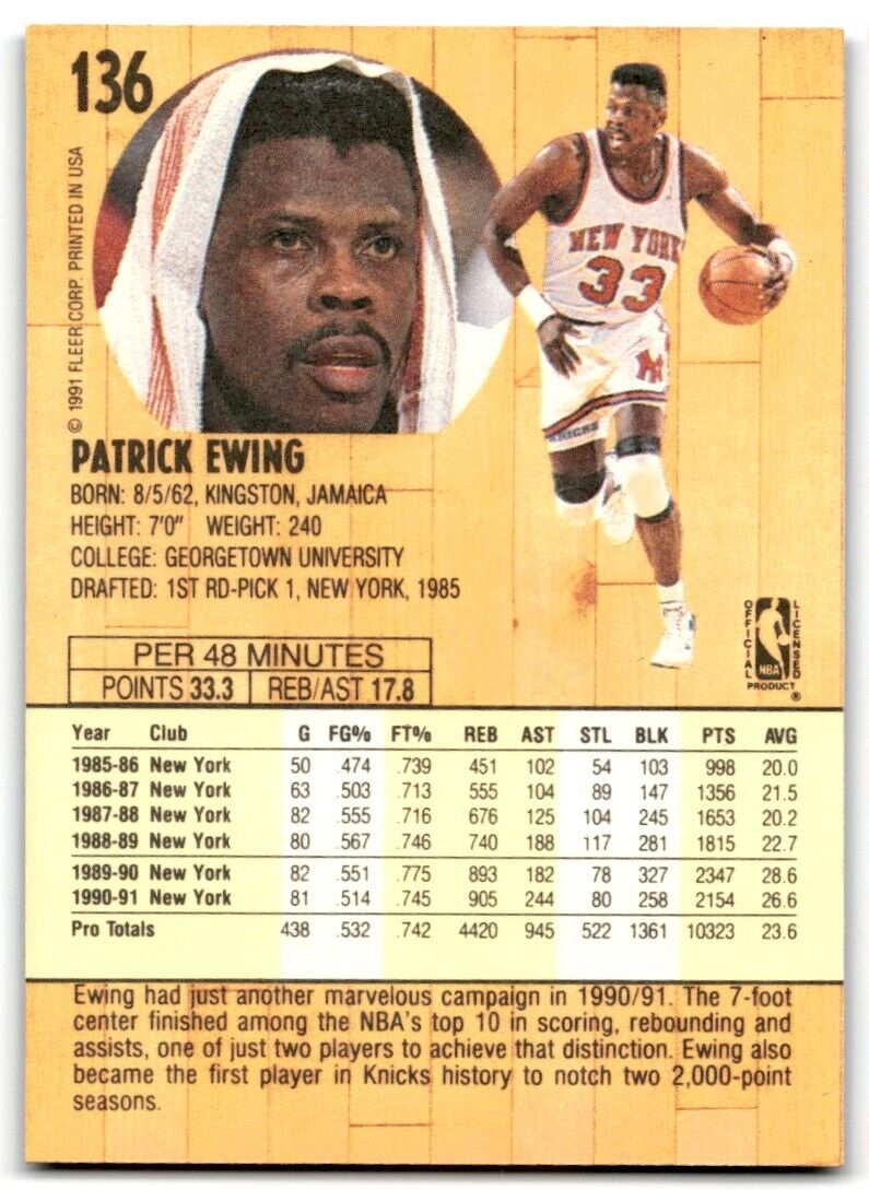 1991-92 Fleer Patrick Ewing New York Knicks #136