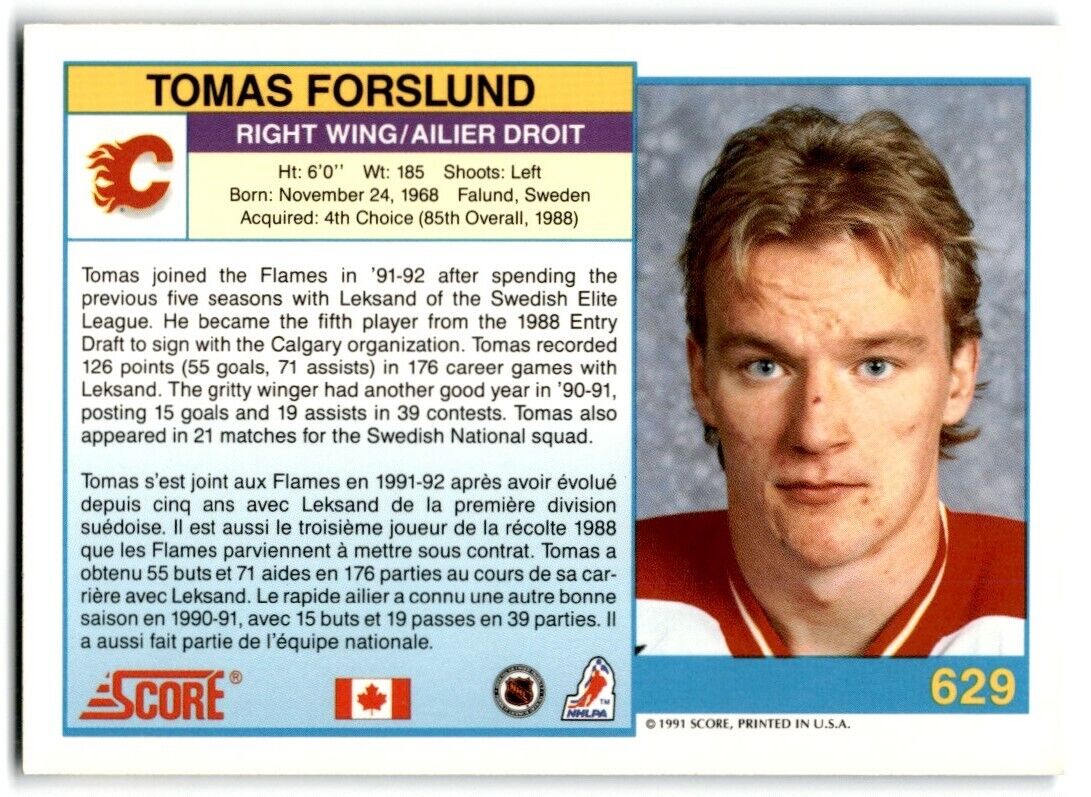 1991-92 Score Canadian Bilingual Tomas Forslund Rookie Calgary Flames #629