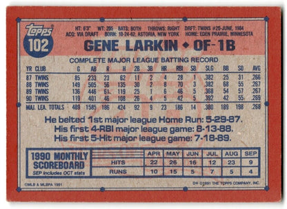 1991 Topps Gene Larkin Minnesota Twins #102