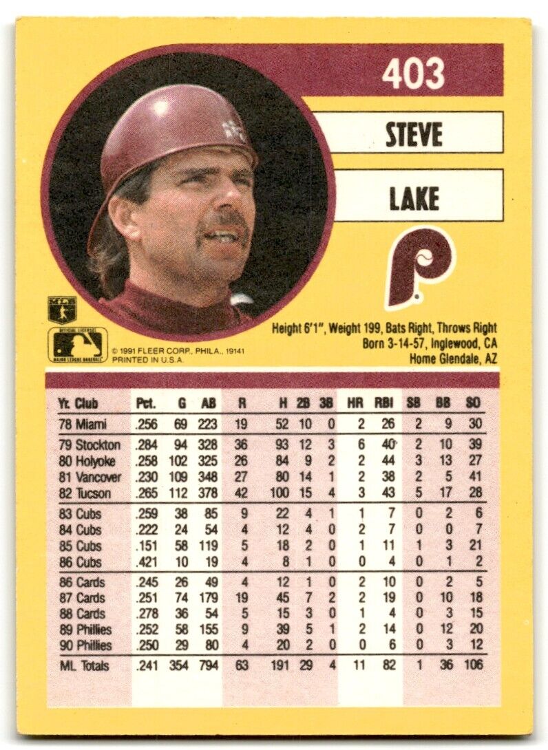 1991 Fleer Steve Lake Philadelphia Phillies #403