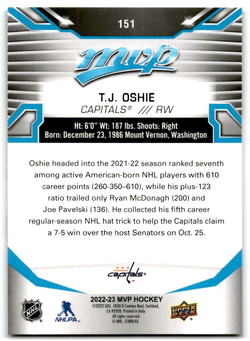 2022-23 Upper Deck MVP T.J. Oshie Washington Capitals #151