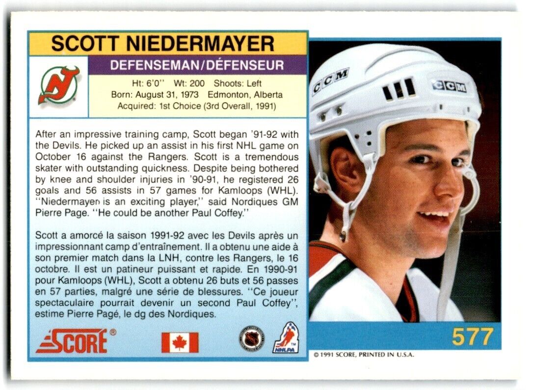 1991-92 Score Canadian Bilingual Scott Niedermayer New Jersey Devils #577