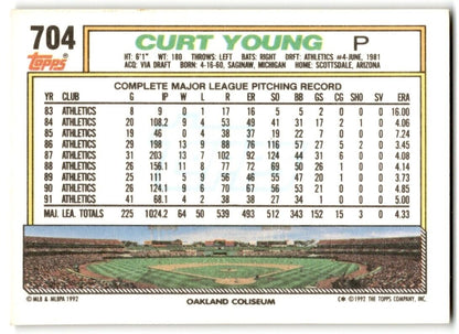 1992 Topps Curt Young Oakland Athletics #704