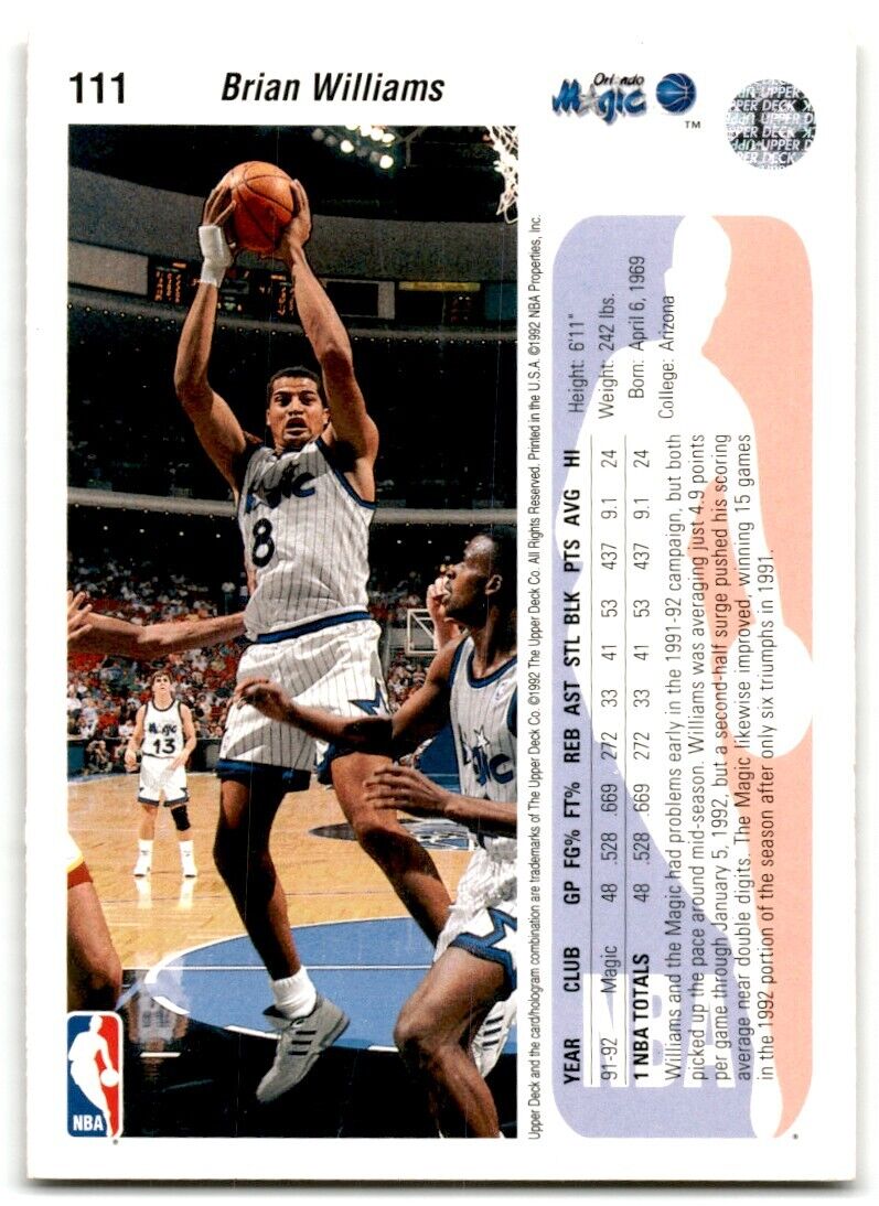 1992-93 Upper Deck Brian Williams Orlando Magic #111