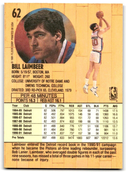 1991-92 Fleer Bill Laimbeer Detroit Pistons #62