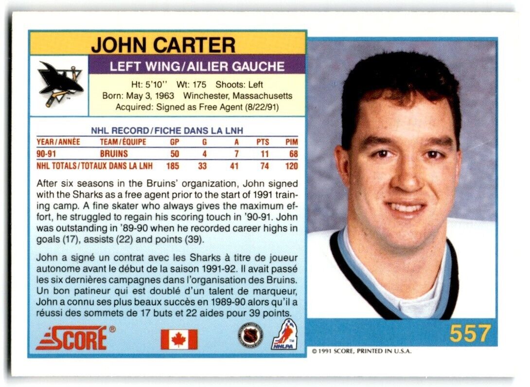 1991-92 Score Canadian Bilingual John Carter San Jose Sharks #557