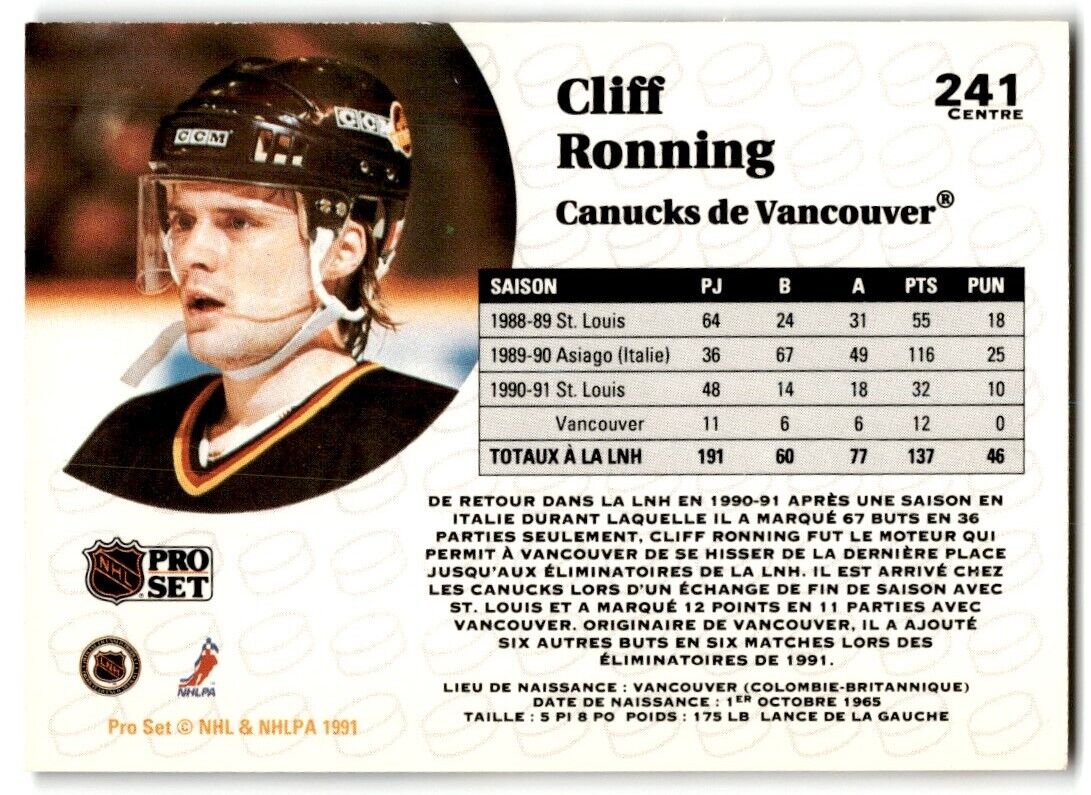 1991-92 Pro Set Cliff Ronning Vancouver Canucks #241