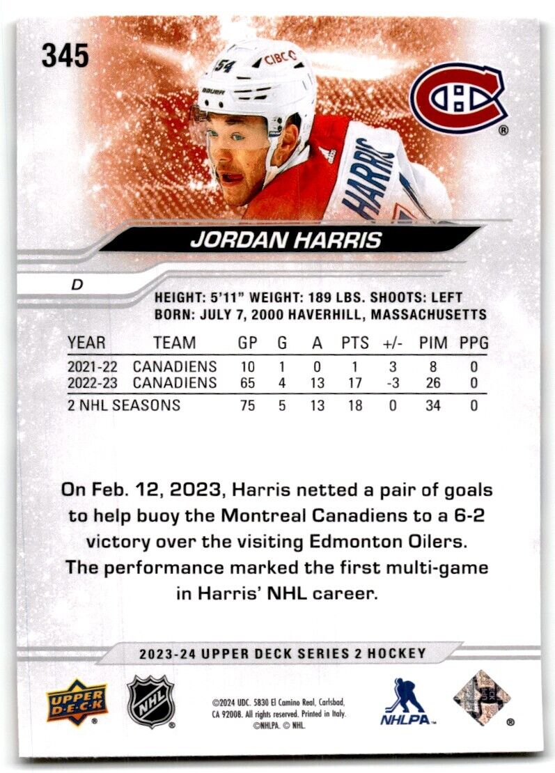 2023-24 Upper Deck Jordan Harris Montreal Canadiens #345