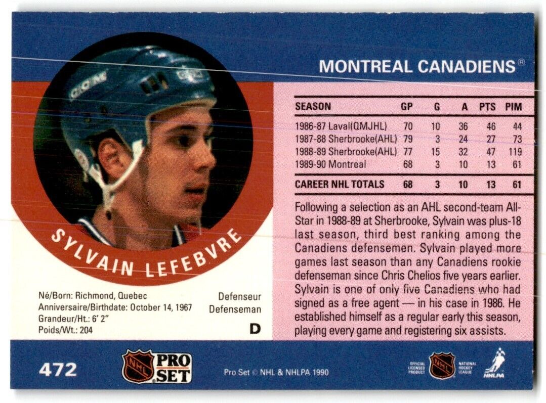 1990-91 Pro Set Sylvain Lefebvre Rookie Montreal Canadiens #472