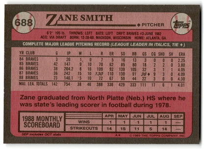 1989 Topps Zane Smith Atlanta Braves #688