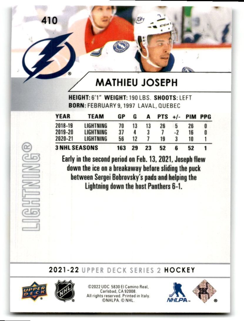 2021-22 Upper Deck Mathieu Joseph Tampa Bay Lightning #410