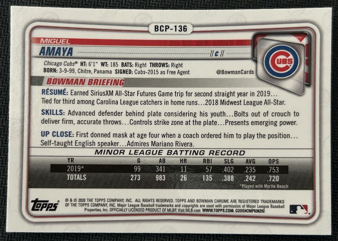 2020 Bowman Chrome Prospects Miguel Amaya Chicago Cubs #BCP-136