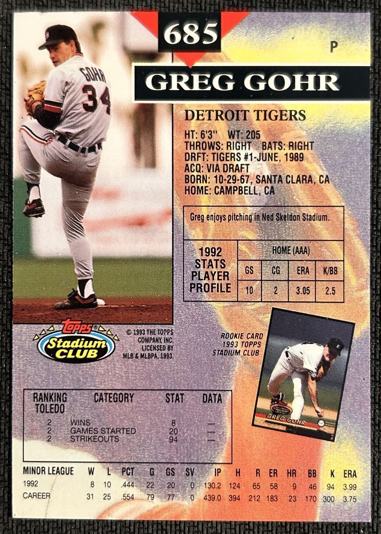 1993 Topps Stadium Club Greg Gohr Detroit Tigers #685