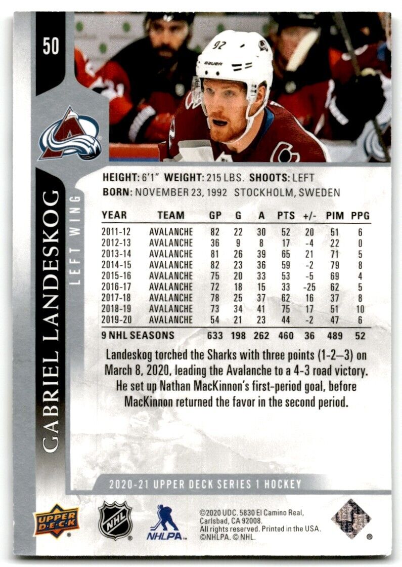 2020-21 Upper Deck Gabriel Landeskog Colorado Avalanche #50