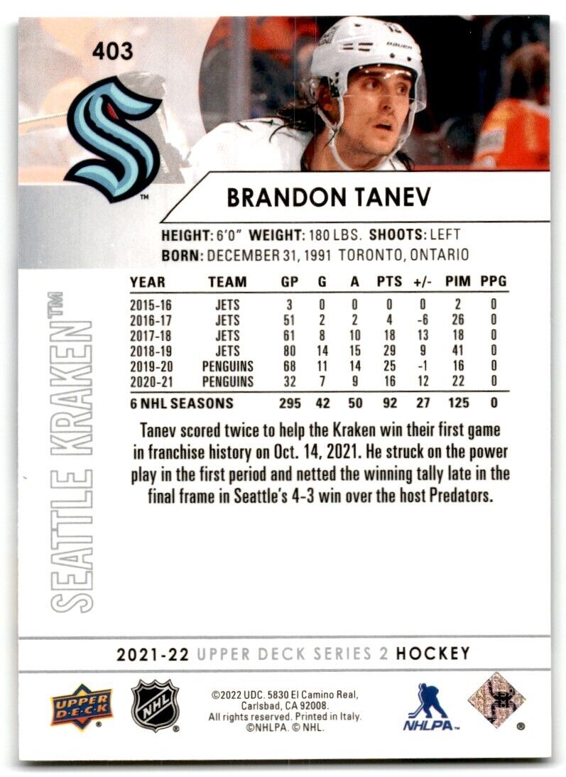 2021-22 Upper Deck Brandon Tanev Seattle Kraken #403