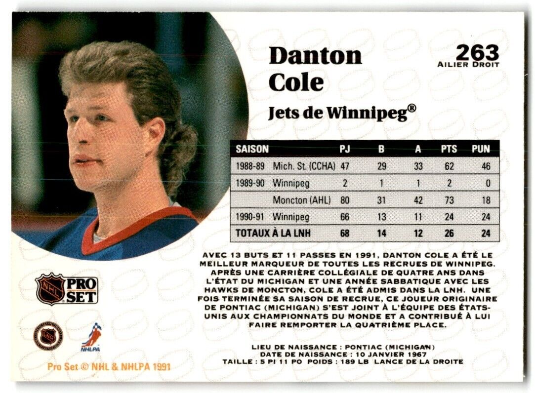 1991-92 Pro Set Danton Cole Winnipeg Jets #263