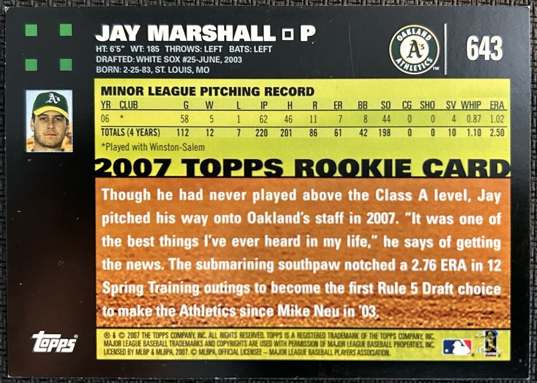 2007 Topps Jay Marshall Rookie Oakland Athletics #643