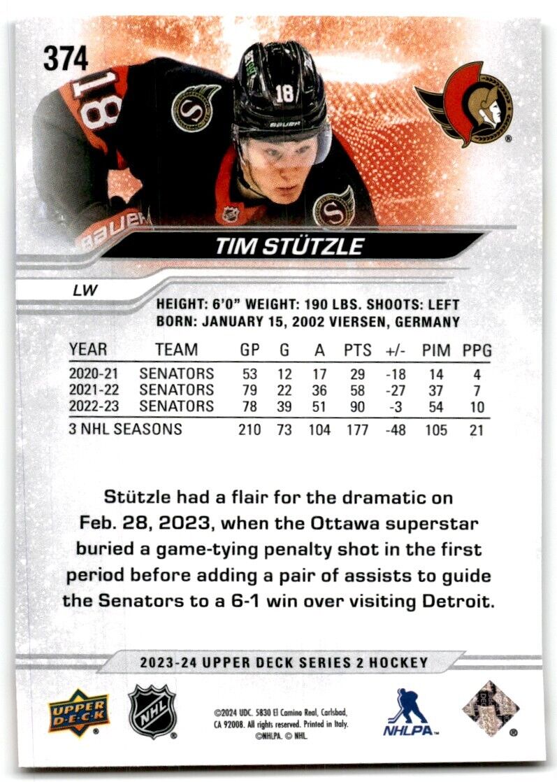 2023-24 Upper Deck Tim Stutzle Ottawa Senators #374