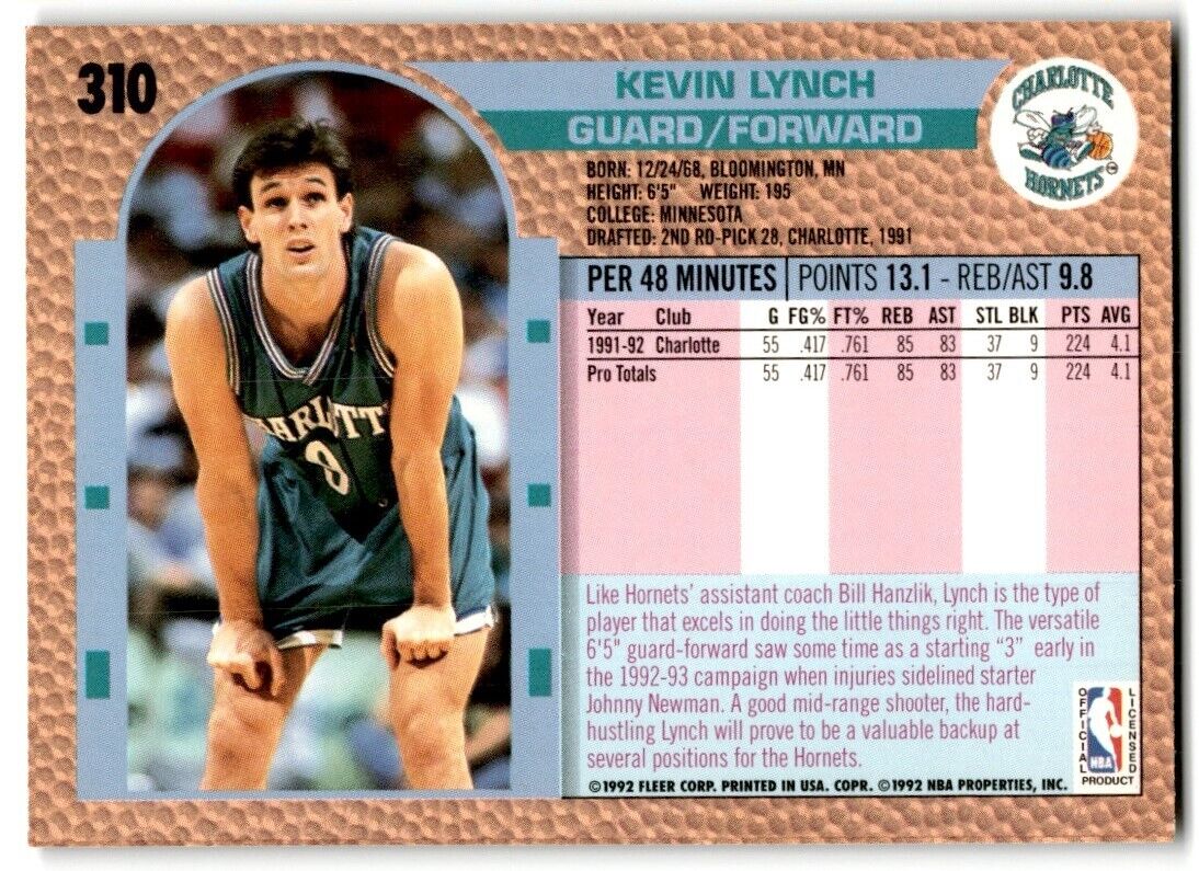 1992-93 Fleer Kevin Lynch Charlotte Hornets #310