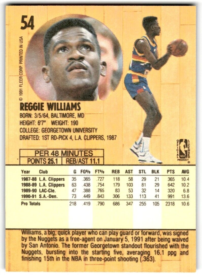 1991-92 Fleer Reggie Williams Denver Nuggets #54