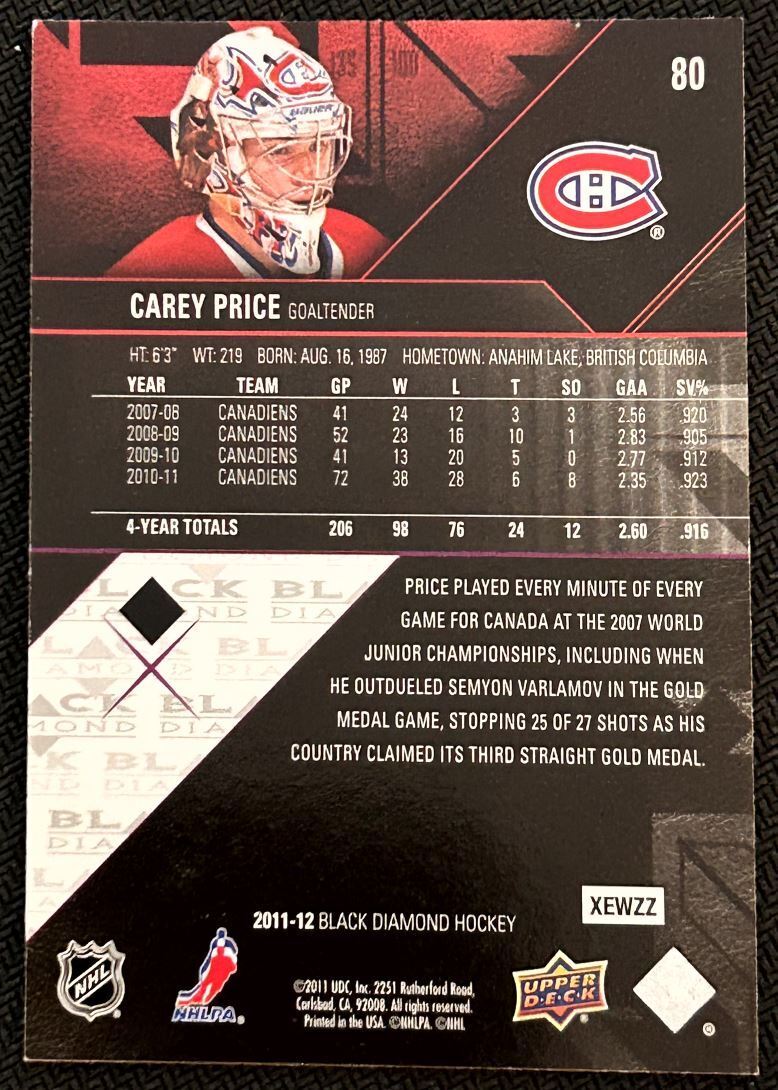 2011-12 Upper Deck Black Diamond Carey Price Montreal Canadiens #80