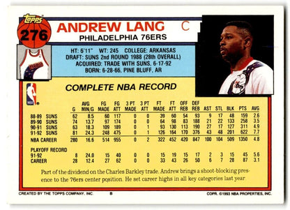 1992-93 Topps Andrew Lang Philadelphia 76ers #276