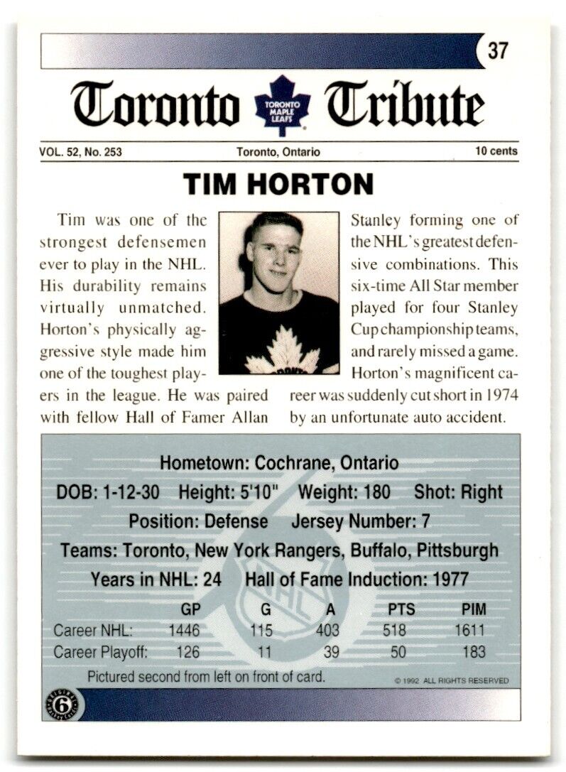 1991-92 Ultimate Original 6 Tim Horton Toronto Maple Leafs #37