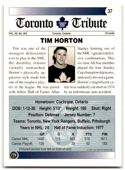 1991-92 Ultimate Original 6 Tim Horton Toronto Maple Leafs #37