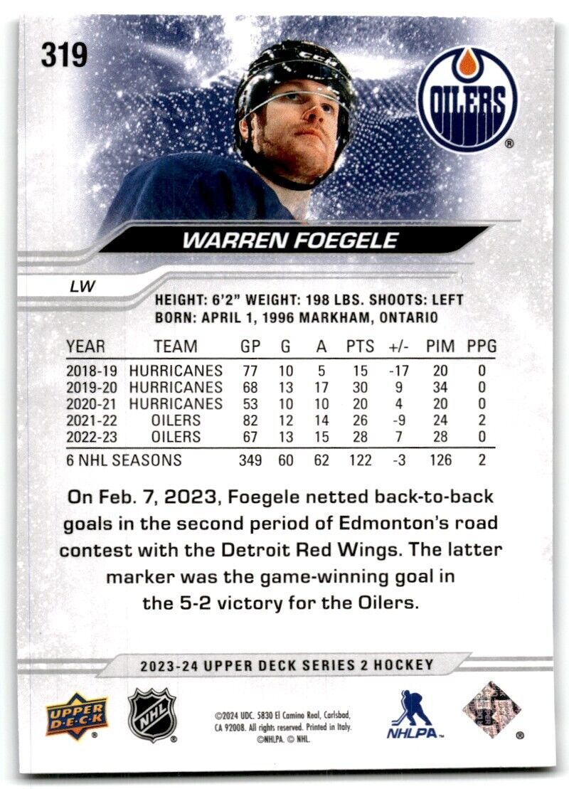 2023-24 Upper Deck Warren Foegele Edmonton Oilers #319