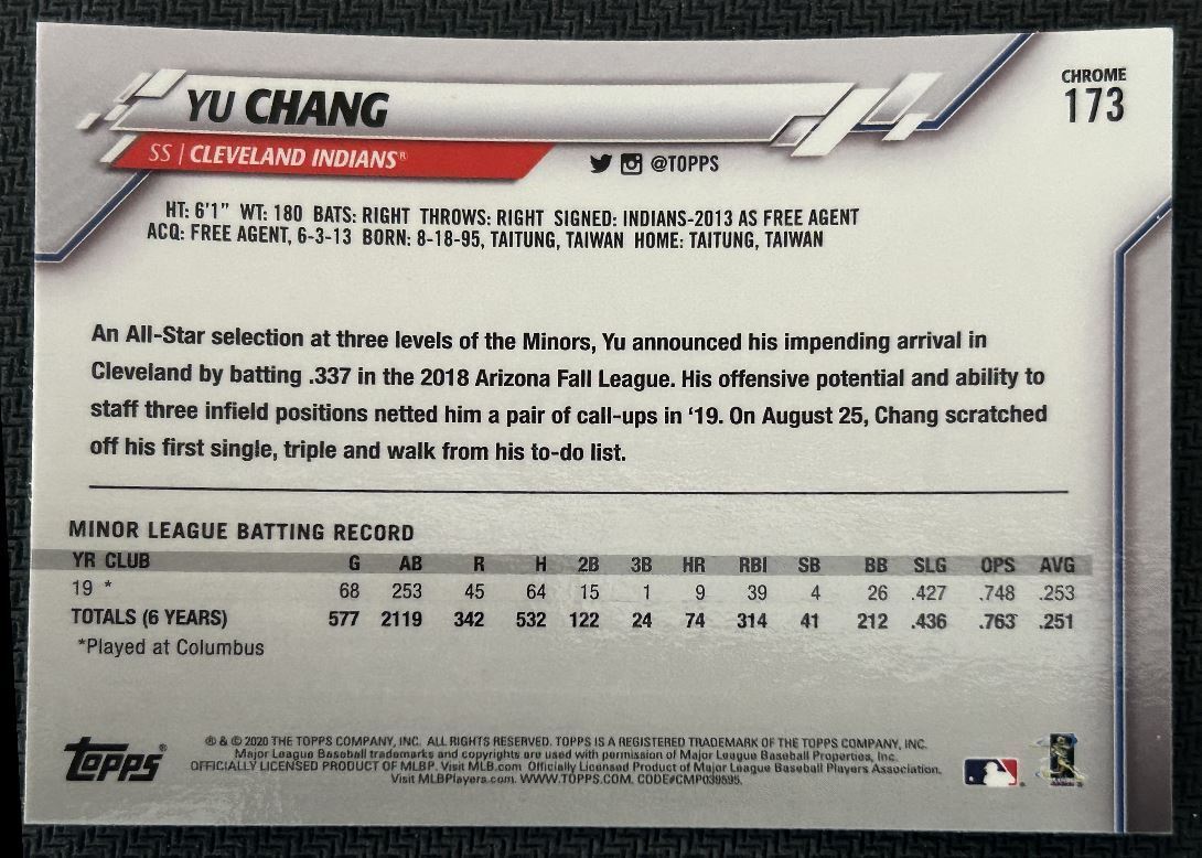 2020 Topps Chrome Yu Chang Rookie Cleveland Indians #173