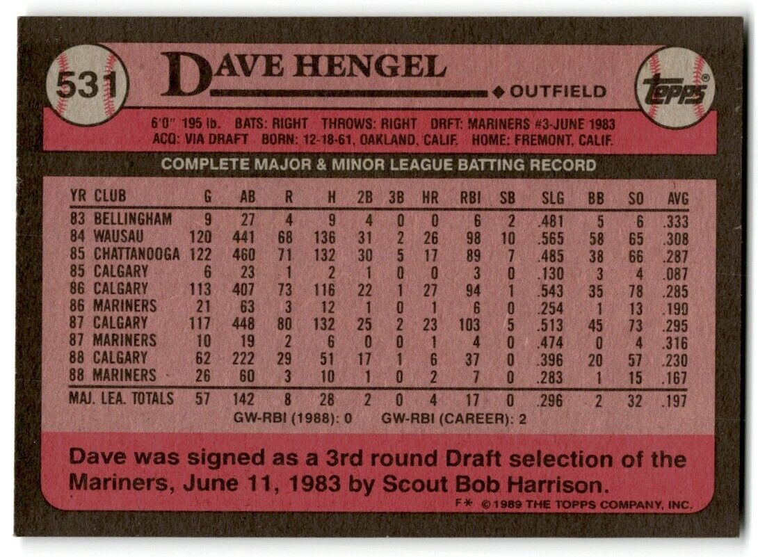 1989 Topps Dave Hengel Seattle Mariners #531