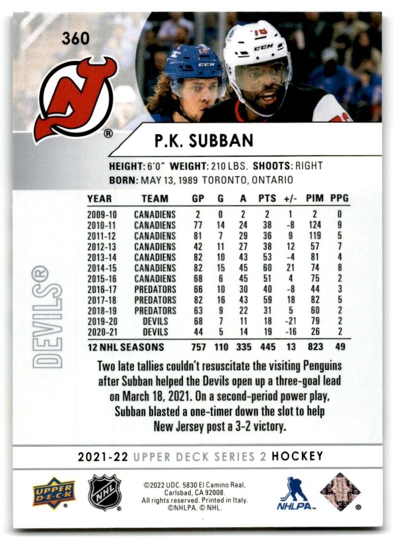 2021-22 Upper Deck P.K. Subban New Jersey Devils #360