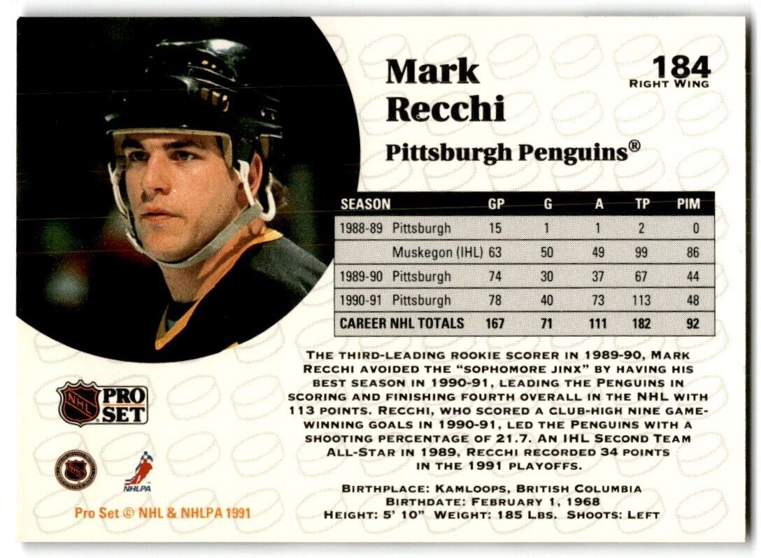 1991-92 Pro Set Mark Recchi Pittsburgh Penguins #184