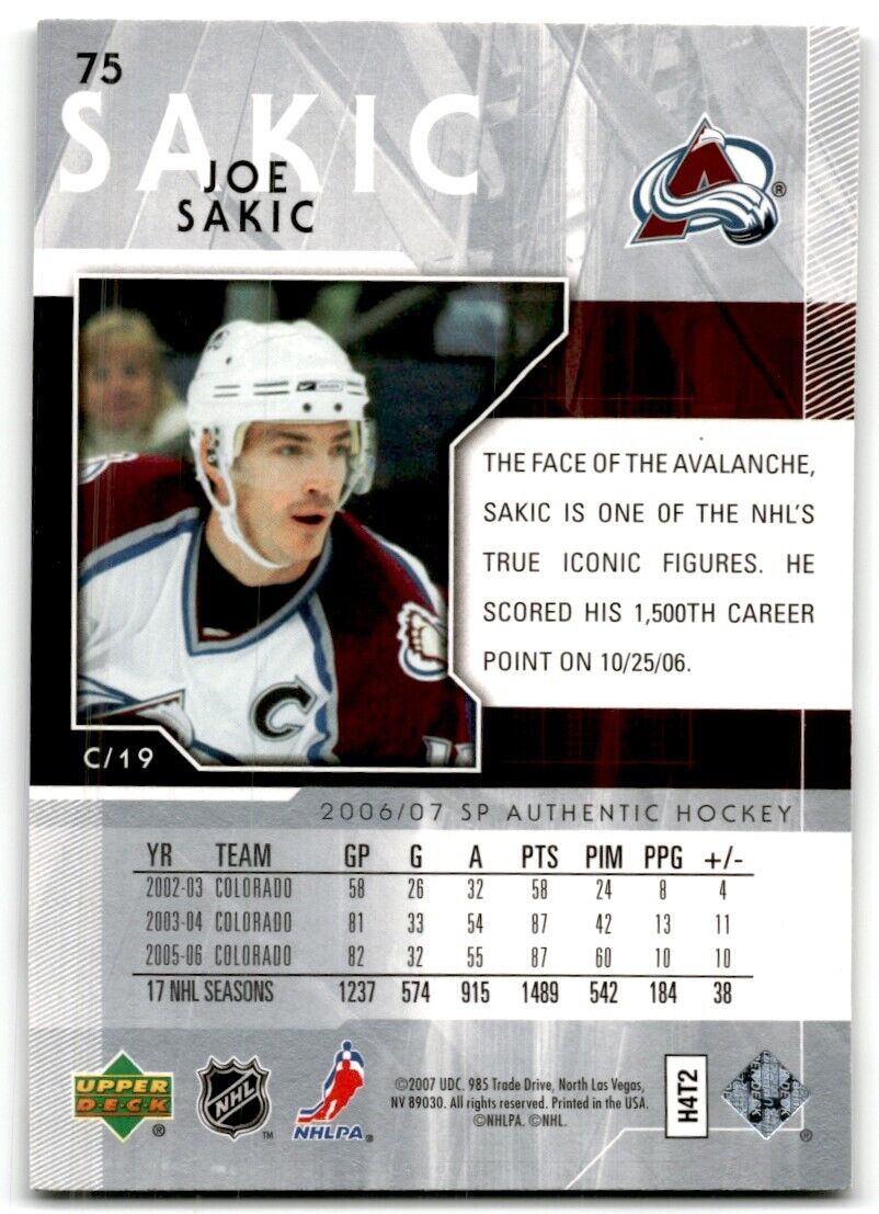 2006-07 SP Authentic Joe Sakic Colorado Avalanche #75