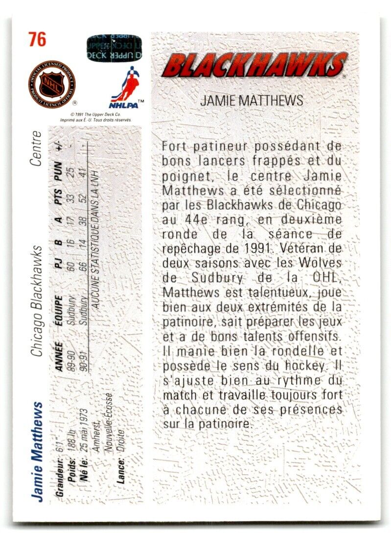 1991-92 Upper Deck French Jamie Matthews Rookie Chicago Blackhawks #76