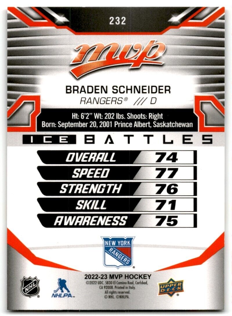 2022-23 Upper Deck MVP Ice Battles Braden Schneider New York Rangers #232