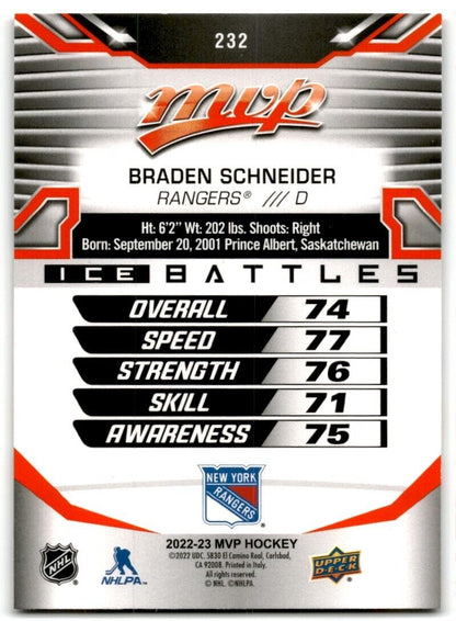 2022-23 Upper Deck MVP Ice Battles Braden Schneider New York Rangers #232