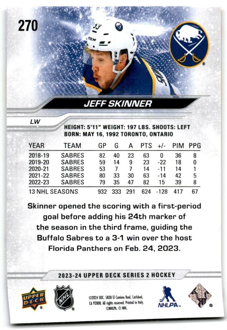 2023-24 Upper Deck Jeff Skinner Buffalo Sabres #270