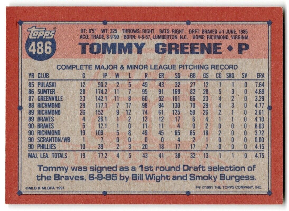 1991 Topps Tommy Greene Philadelphia Phillies #486