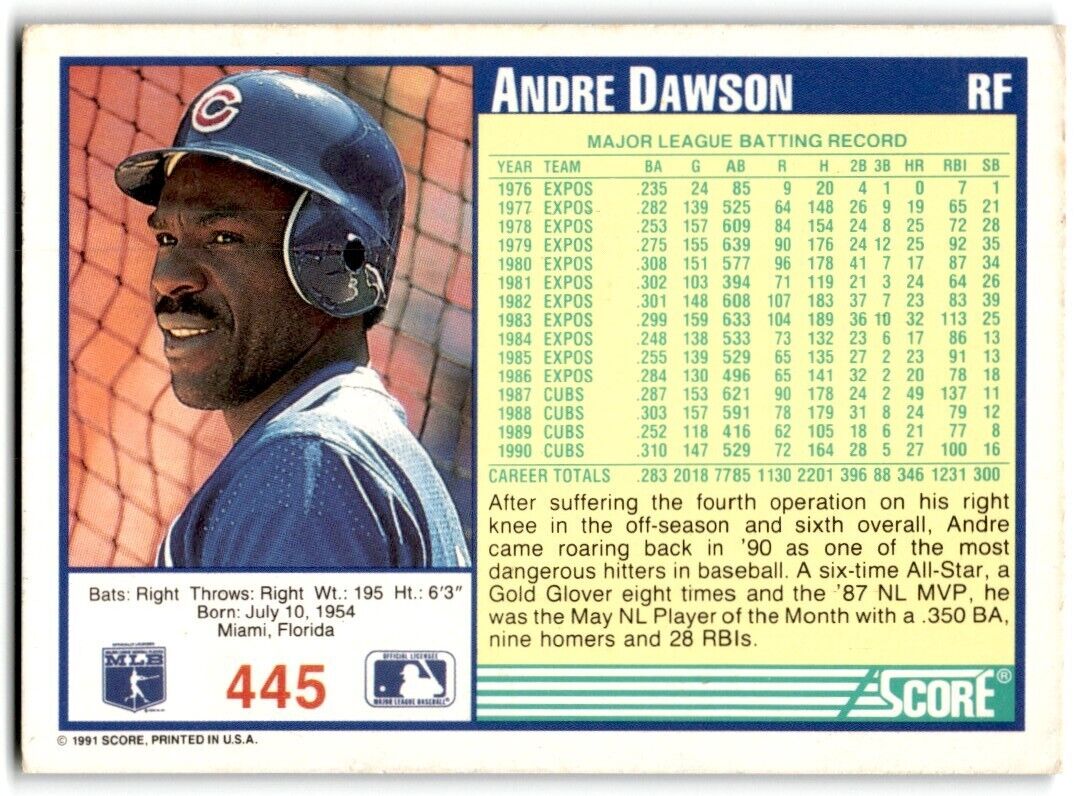 1991 Score Andre Dawson Chicago Cubs #445