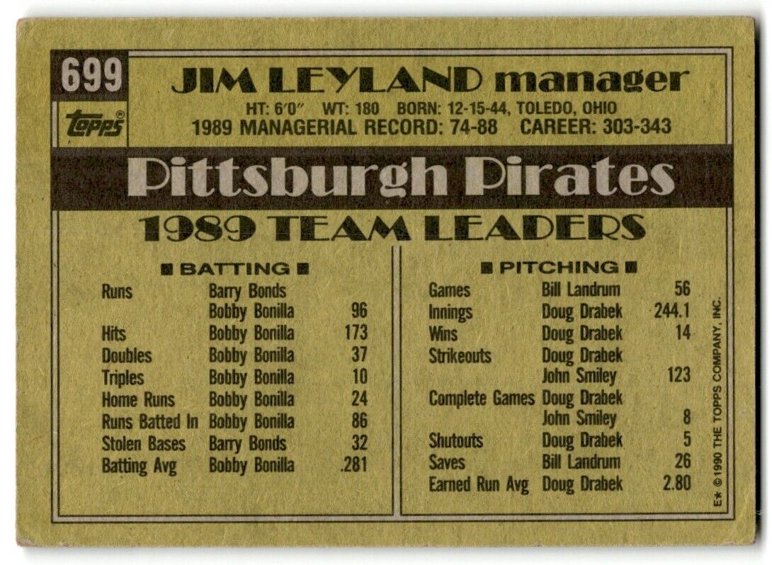 1990 Topps Jim Leyland Pittsburgh Pirates #699