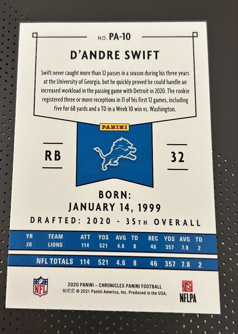 2020 Panini Chronicles D'Andre Swift Rookie Detroit Lions #PA-10