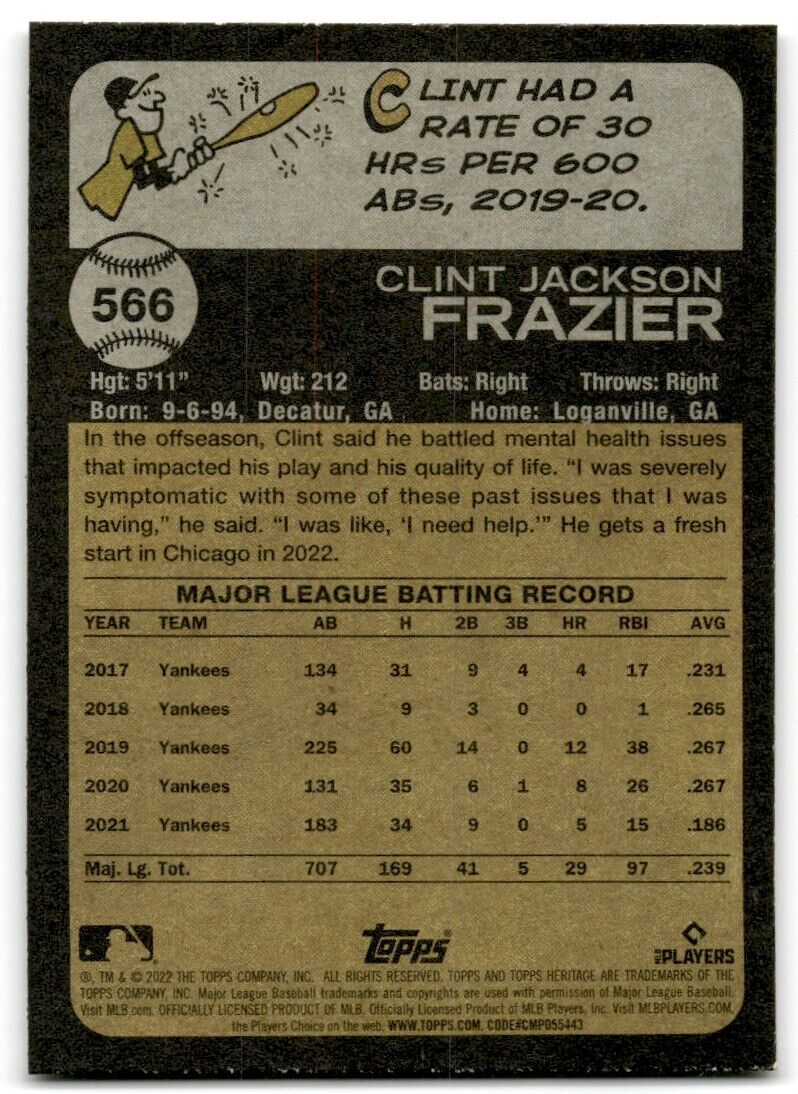 2022 Topps Heritage High Number Clint Frazier Chicago Cubs #566