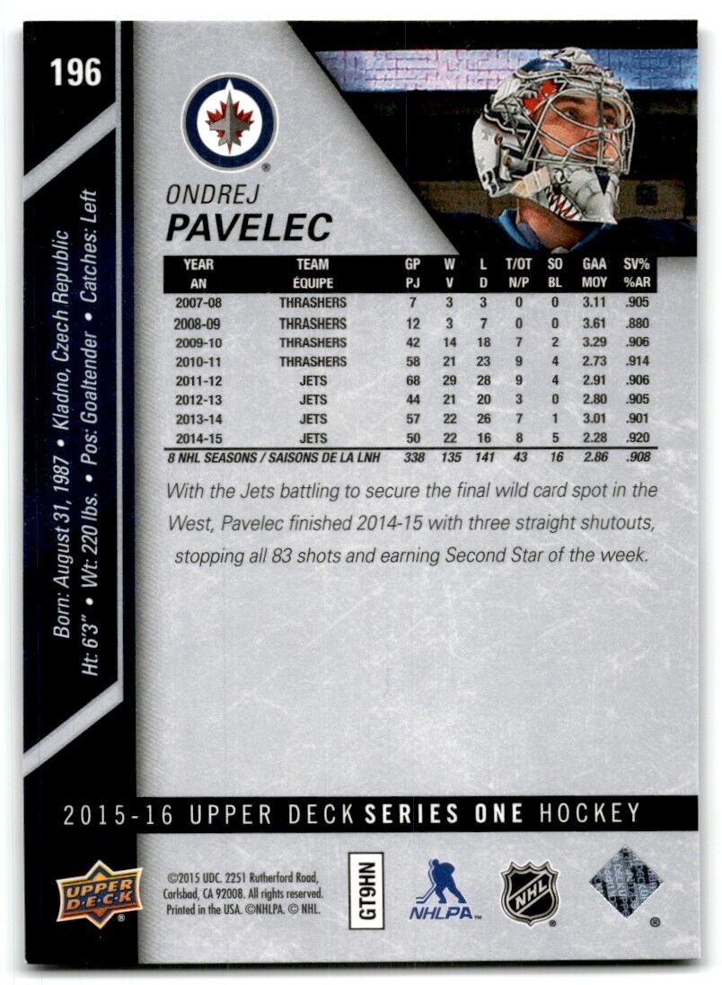 2015-16 Upper Deck Ondrej Pavelec Winnipeg Jets #196