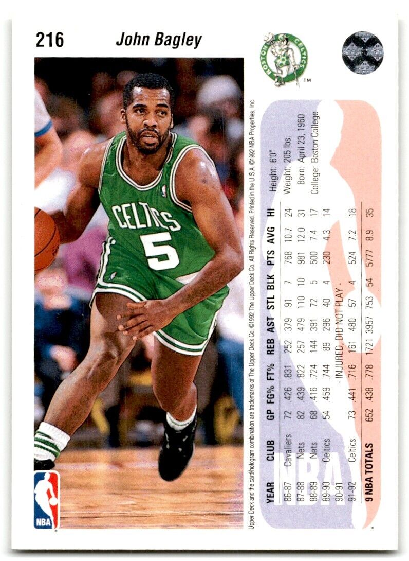 1992-93 Upper Deck John Bagley Boston Celtics #216