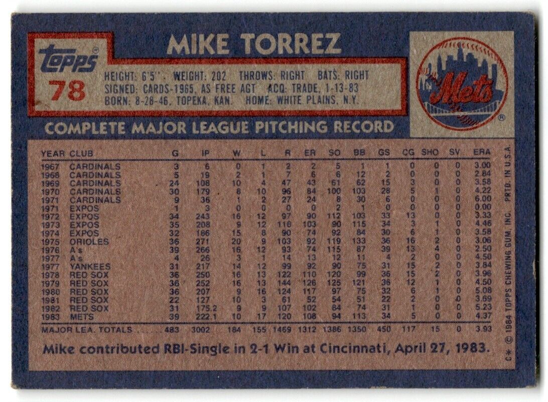 1984 Topps Mike Torrez New York Mets #78